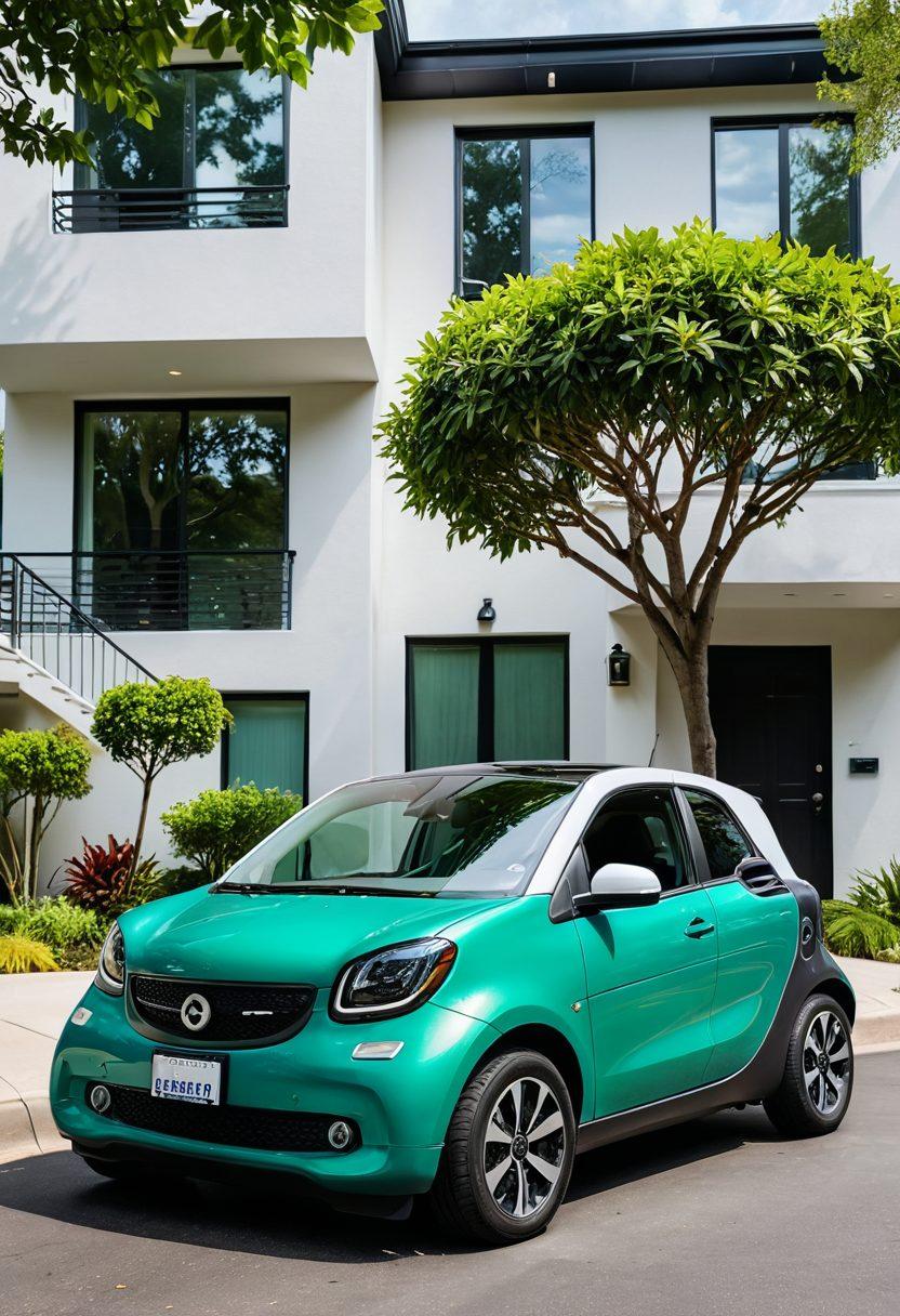 A close-up scene of a futuristic smart car parked with various insurance policy documents spread out on the hood, featuring a calm suburban street in the background with trees and houses. Include a laptop displaying graphs and insights about car insurance on the driver's seat. The image should convey a sense of security and smart decision-making. vibrant colors. super-realistic.