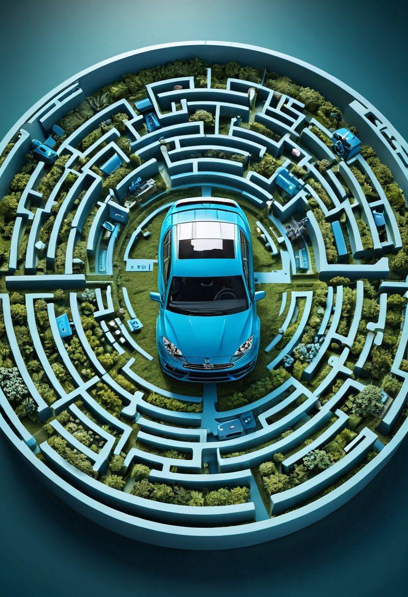 A complex maze symbolizing the journey of vehicle insurance, with various pathways labeled with keywords like 'coverage', 'premium', 'claims', and 'protection'. In the center, a stylized car representing the insured vehicle, surrounded by helpful icons: a shield, a calculator, and a document. The background is a blend of blue and green hues suggesting trust and safety. super-realistic. vibrant colors. 3D.