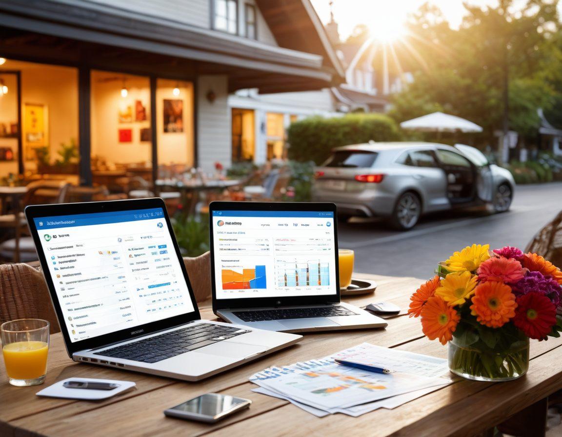 A split-screen image showcasing two people comparing car insurance policies on laptops, surrounded by stacks of coins and dollar bills. One side features a sunny outdoor cafe setting, while the other shows a cozy indoor environment with a warm glow. Include graphical elements like charts and check marks to symbolize analysis and savings. ultra-realistic. bright colors. modern design.